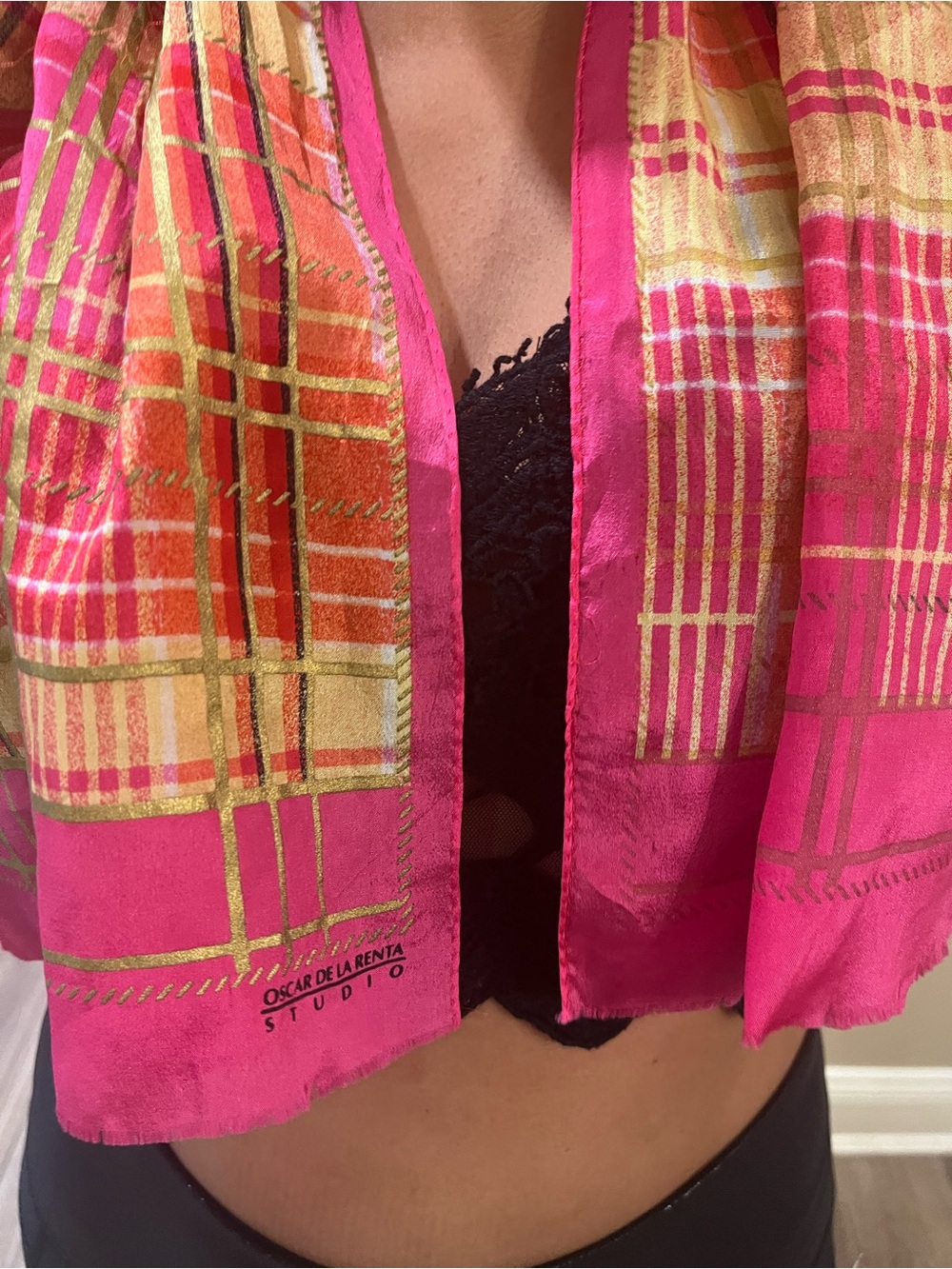 Oscar de la Renta Hot Pink Plaid Silk Scarf with Gold Accents